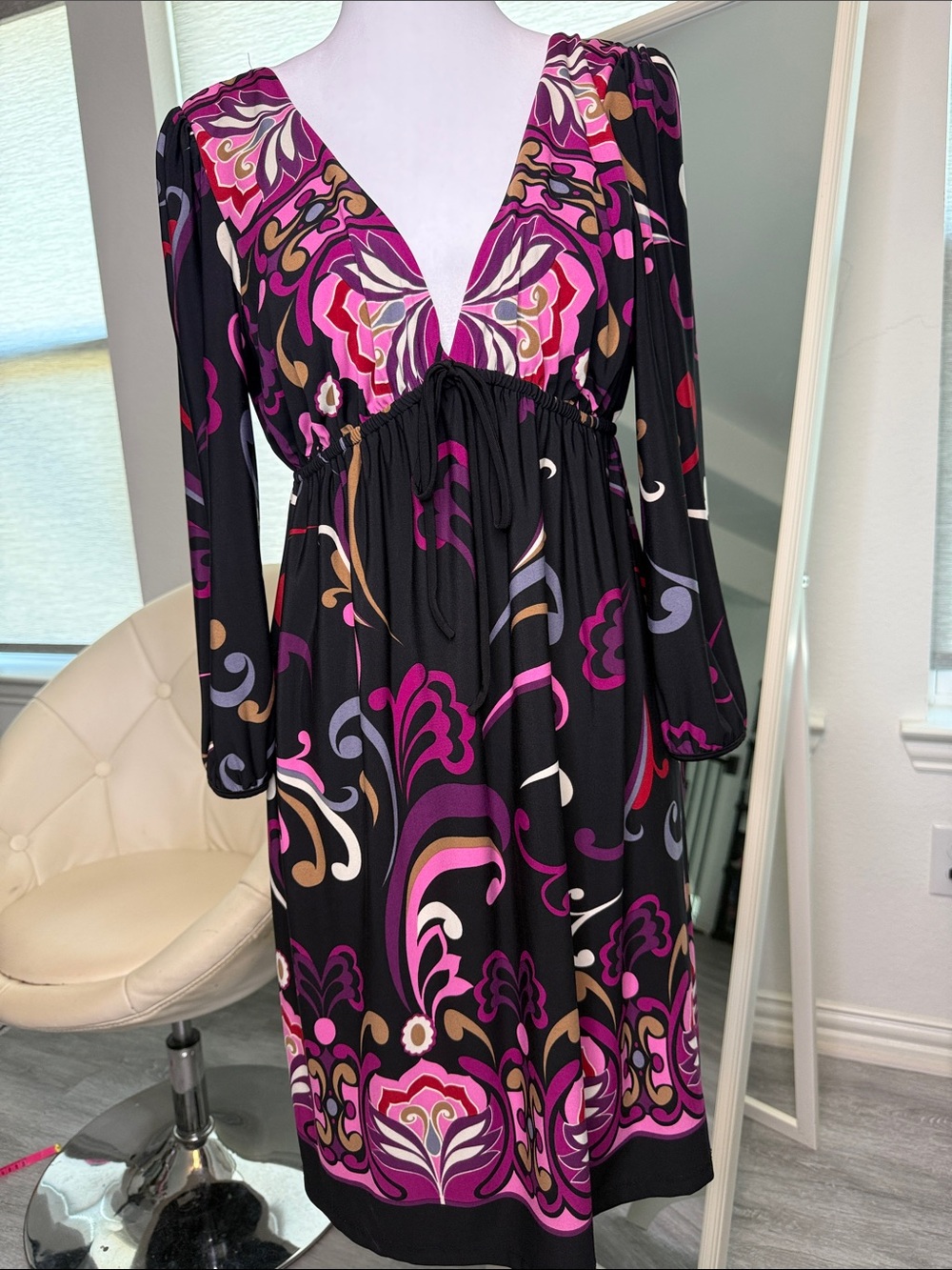 Rhapsody Black Midi Dress with Pink and Purple Swirl Print